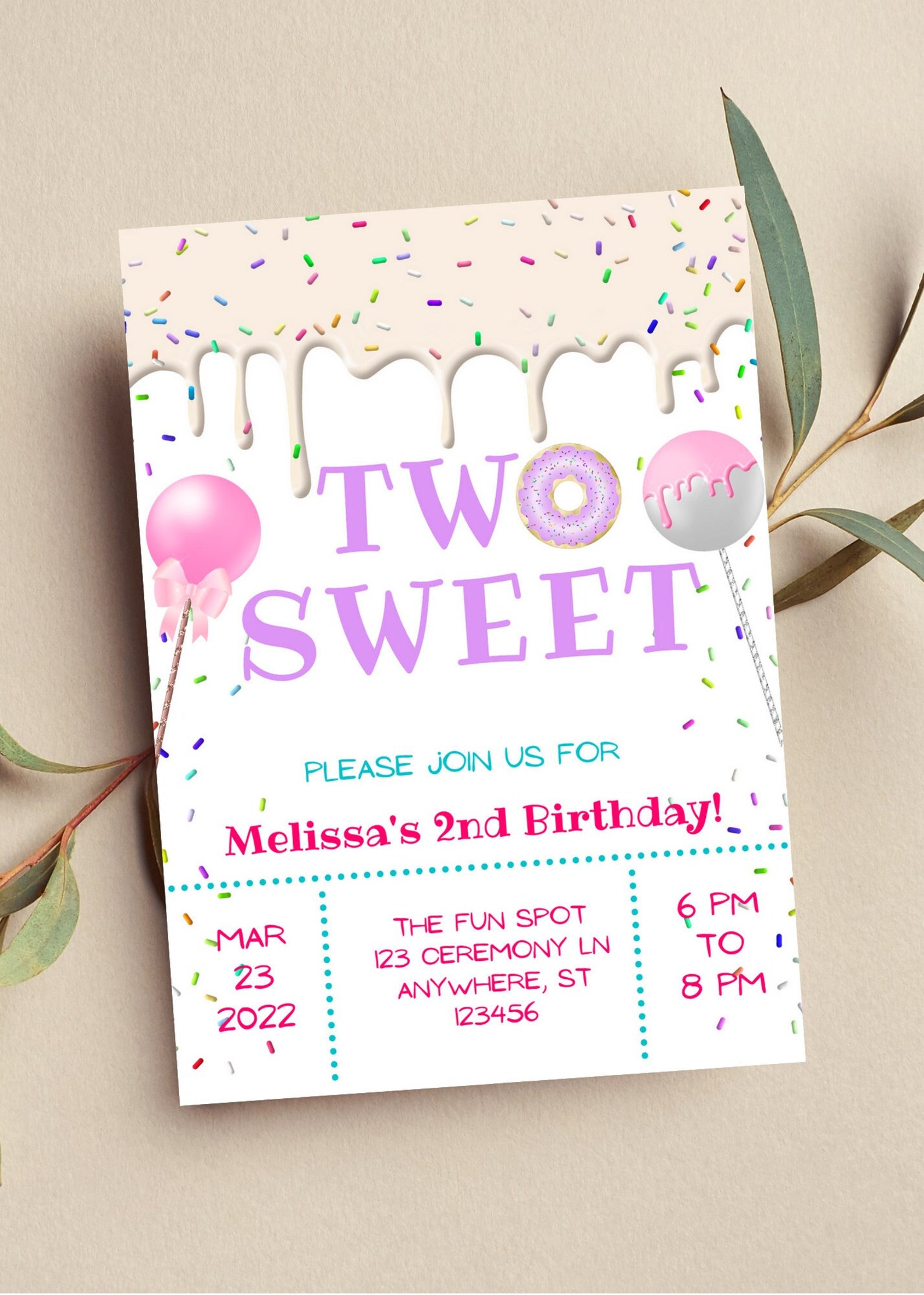 Editable Two Sweet Birthday Invitation Dripping Vanilla Etsy