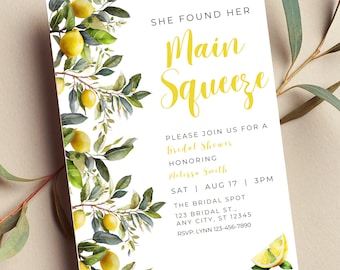 Editable She Found Her Main Squeeze Bridal Shower Invitation, Lemon Invitation, Citrus Bridal Shower, Printable or Text Invite