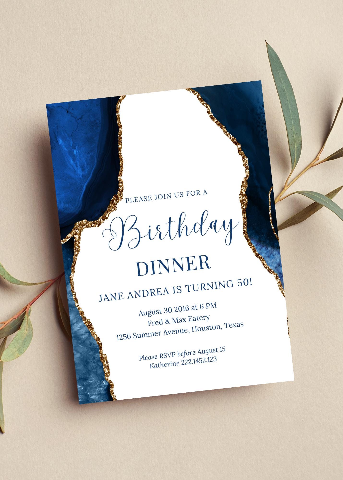 Editable Blue, White, and Gold Birthday Dinner Invitation, Printable or Digital Invitation