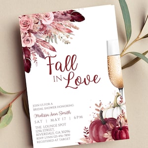 Editable Fall in Love Bridal Shower Invitation, Boho Burgundy Pumpkin Fall Floral, Autumn, Printable or Digital Invite