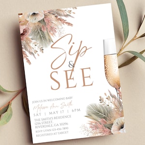 Editable Sip and See Invitation, Gender Neutral, Pampas, Boho Floral, Baby Welcoming, Printable or Text Invite