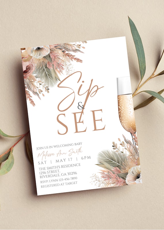Editable Sip and See Invitation, Gender Neutral, Pampas, Boho Floral, Baby Welcoming, Printable or Text Invite