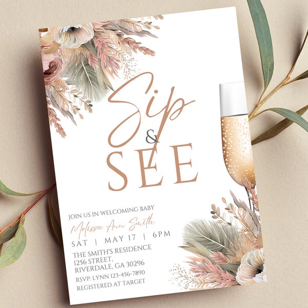 Editable Sip and See Invitation, Gender Neutral, Pampas, Boho Floral, Baby Welcoming, Printable or Text Invite