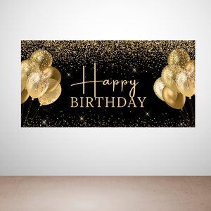 Black and Gold Banner, Backdrop, Digital File Only, Birthday Banner, Gold, Glitter, Balloons, Party Decor, Print Yourself