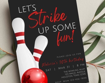 Editable Bowling Invitation, Let's Strike Up Some Fun, Birthday Bowling, Printable or Digital Invitation