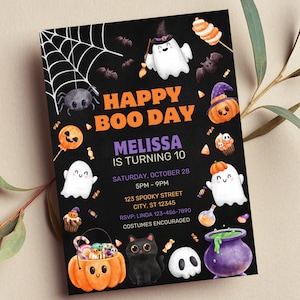 Bearbeitbare Halloween-Geburtstagseinladung Happy Boo Day-Halloween-Party-Kostümparty laden druckbare oder digitale Einladung ein