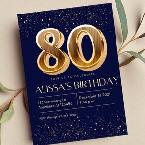 Editable 80th Birthday Party Invitation, Blue and Gold, Print or Text Invite