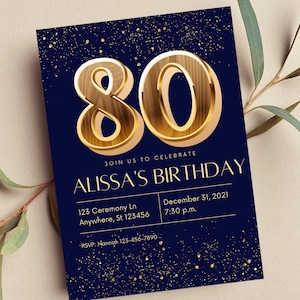 Bearbeitbare Einladung zur 80. Geburtstagsfeier, Blau und Gold, Druck oder Text einladen