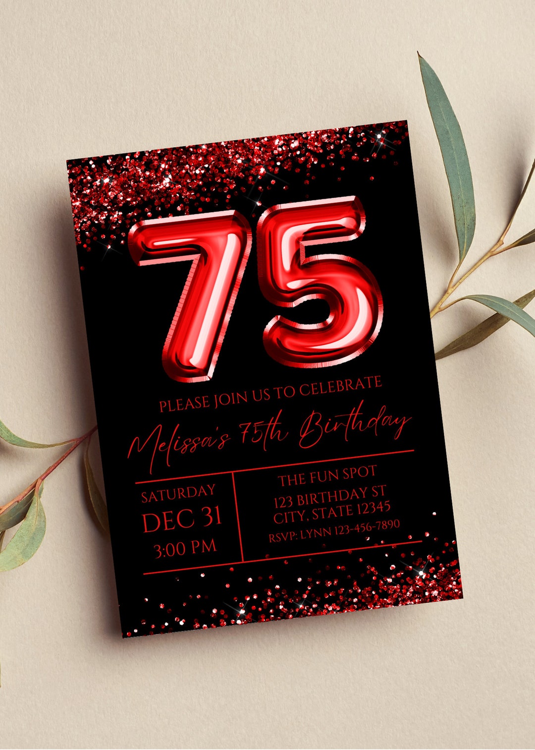 Editable 75th Birthday Invitation, Red and Black Invitation, Red 75 ...