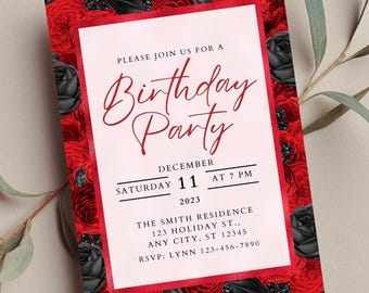 Editable Red and Black Floral Birthday Party Invitation, Printable or Digital Invitation, Any Occasion