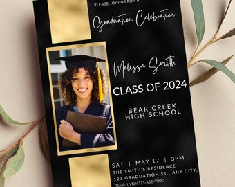Editable Graduation Invitation Template with Photo, Graduation Announcement, Black and Gold, Modern Printable or Digital Invitation
