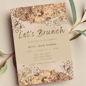 Editable Brunch Invitation, Let&#39;s Brunch, Birthday Brunch Invitation, Brown and Gold, Printable or Text Invite