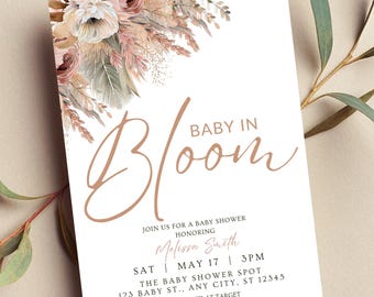 Editable Baby in Bloom Invitation, Baby Shower Boho Floral, Printable or Digital Invite