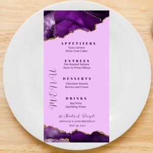 Edytowalny szablon karty menu w odcieniach fioletu, karty menu w kolorze fioletowo-złotym, menu stołowe, karta menu na kolację urodzinową, menu barowe