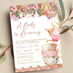 Invitación editable para fiesta de té &quot;A Baby is Brewing&quot;, fiesta de té para baby shower, rosa y dorado, nupcial, fiesta de té de cumpleaños, invitación para imprimir o con texto