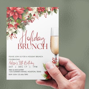 May include: A white invitation card with red and green floral accents. The text reads "Holiday Brunch" celebrating Melissa's 30th Birthday on Saturday, December 17th at 1 PM. The event is at Fred & Max Eatery, 1256 Summer Avenue, Houston, Texas. RSVP: Don 123.456.7890.