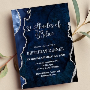 Bearbeitbare Blautöne Einladung, Blau und Silber, Geburtstagsessen, Brunch, Hochzeit, jeder Anlass, printable oder digital einladen