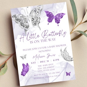Editable Butterfly Baby Shower Invitation, A Little Butterfly is on the Way, Purple and Silver Butterflies, Printable or Digital
