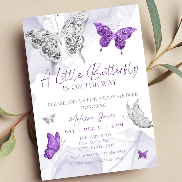 Editable Butterfly Baby Shower Invitation, A Little Butterfly is on the Way, Purple and Silver Butterflies, Printable or Text Invite