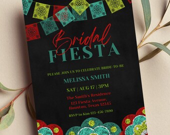 May include: Bridal Fiesta invitation with a black background and colorful paper decorations. The invitation includes the bride-to-be's name, Melissa Smith, the date and time of the event, and the location. RSVP information is also included.