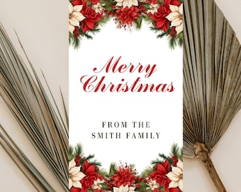 Könnte beinhalten: Eine weiße Karte mit einem roten und weißen Weihnachtsstern-Blumenrand. Der Text "Merry Christmas" ist in roter Kursivschrift. Unter dem Text steht "From the Smith Family" in schwarzer Schrift.