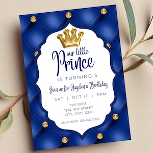 Bearbeitbare Prinz-Geburtstagseinladung, unser kleiner Prinz, Prinz-Party, Jungen-Geburtstag, Blau und Gold, Druck oder Text einladen