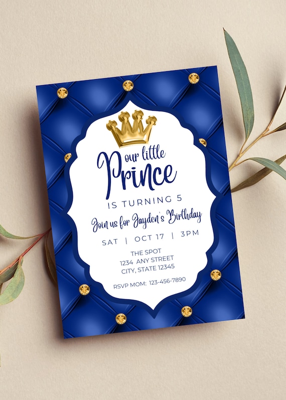 Editable Prince Birthday Invitation, Our Little Prince, Prince Party, Boy Birthday, Blue and Gold, Print or Text Invite