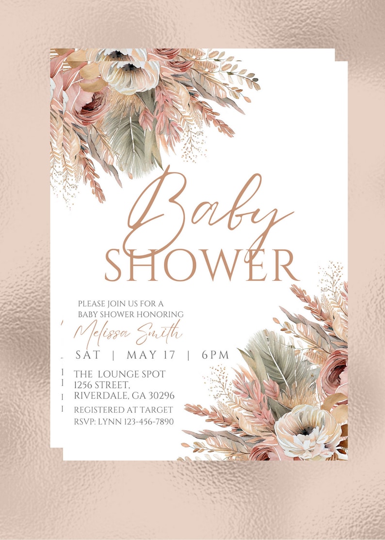 May include: A baby shower invitation with a floral design in shades of pink, beige, and green. The text reads "Baby Shower" in a cursive font and includes the name "Melissa Smith", the date "SAT MAY 17", the time "6PM", the location "THE LOUNGE SPOT", the address "1256 STREET, RIVERDALE, GA 30296", and the RSVP information "RSVP: LYNN 123-456-7890".