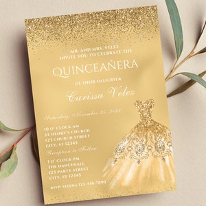 Editable Gold Quinceañera Invitation, Mis Quince Anos, Glam, Glitter, Printable or Text Invite