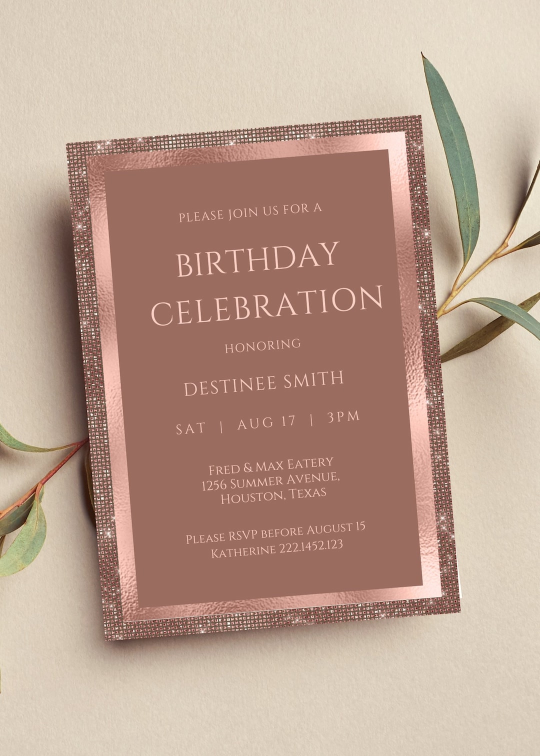 Editable Rose Gold Birthday Celebration Invitation, Rose Gold