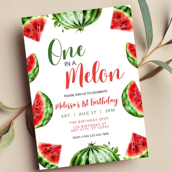 Editable One in a Melon Invitation, 1st Birthday, Watermelon, Summer, Printable or Digital Invite