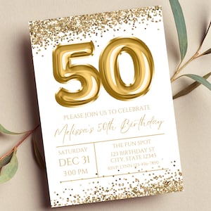 Editable 50th Birthday Invitation, White and Gold Invitation, Gold 50 Balloon, Milestone Birthday, Glitter, Printable or Digital Invitation
