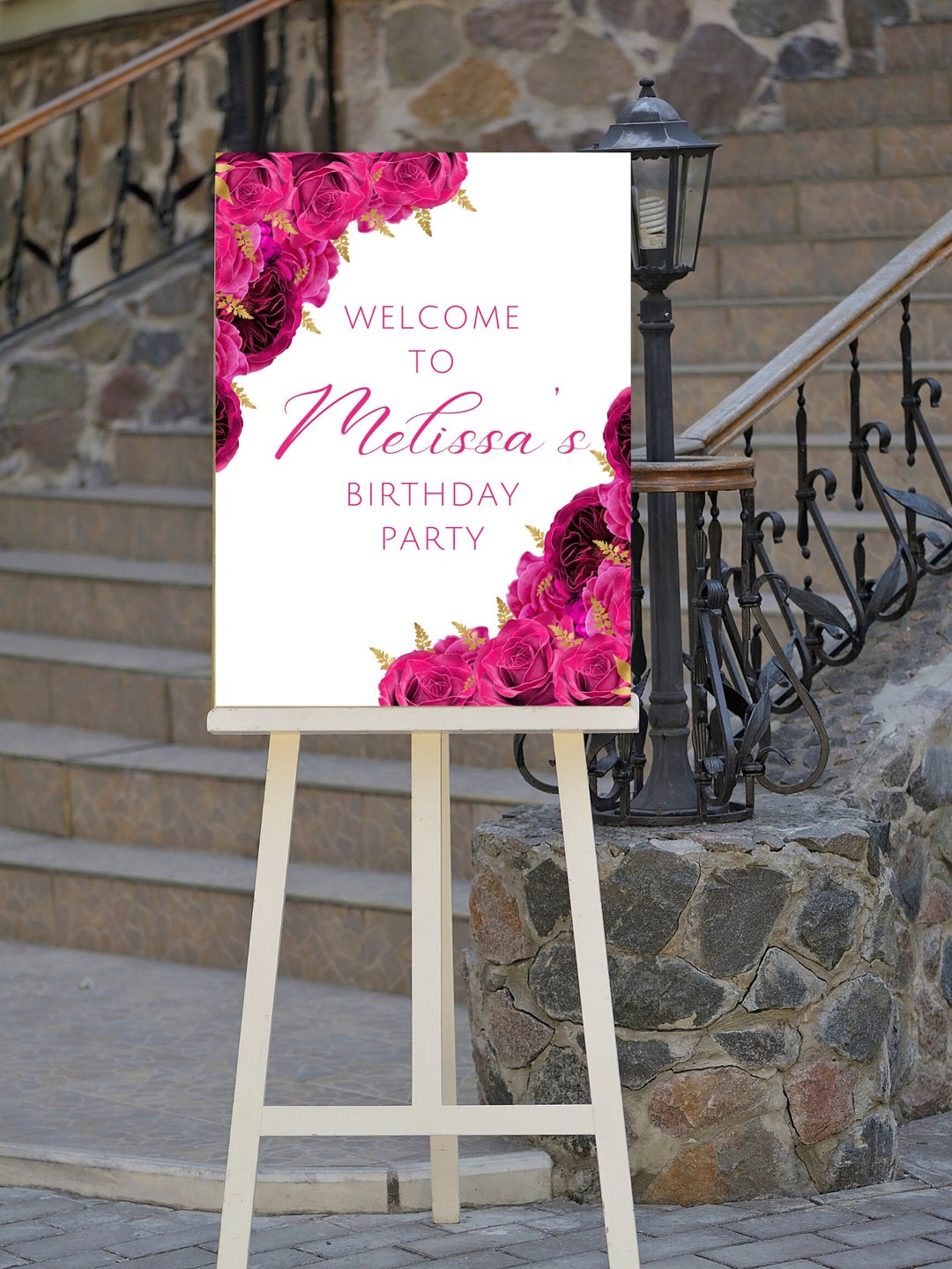 Editable Hot Pink Gold and White Birthday Welcome Sign Pink Floral ...