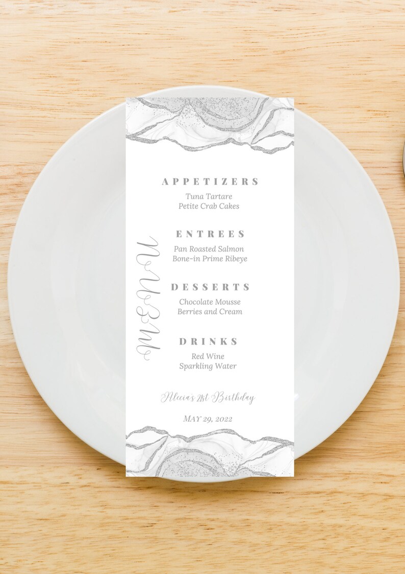 White Menu Card Design Editable Menu Card Template, White and Silver Menu Cards, Birthday ...