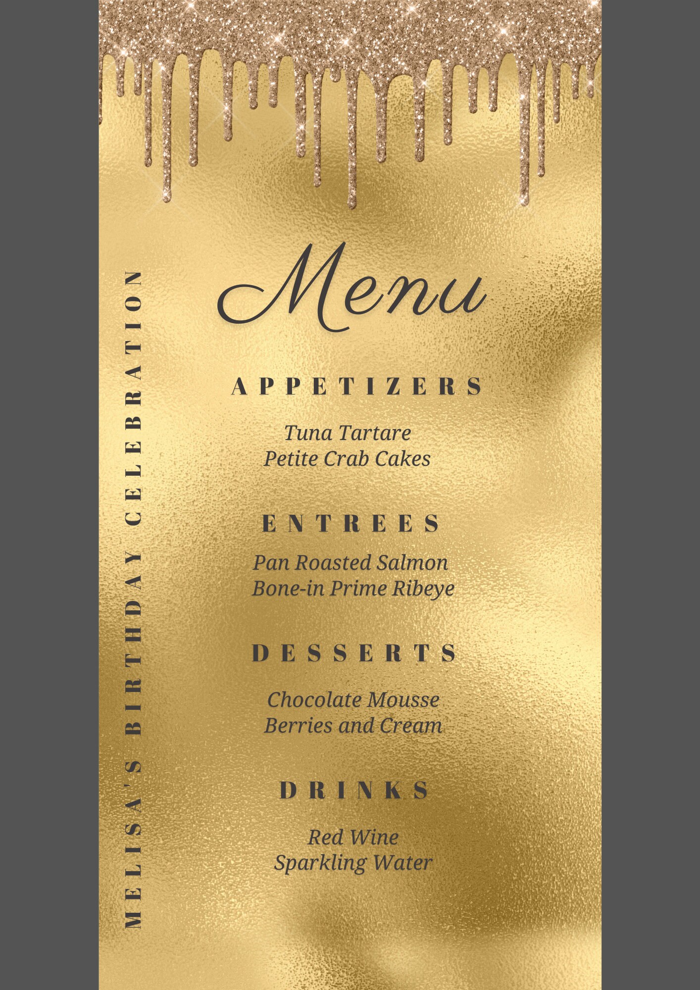 Editable Gold Menu Card Template, Gold Glitter Drip Menu Cards ...