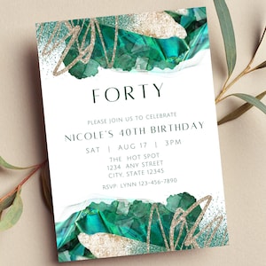 Editable Green, White and Gold Invitation, Green Watercolor, Glam, Birthday Invitation, Printable or Text Invite