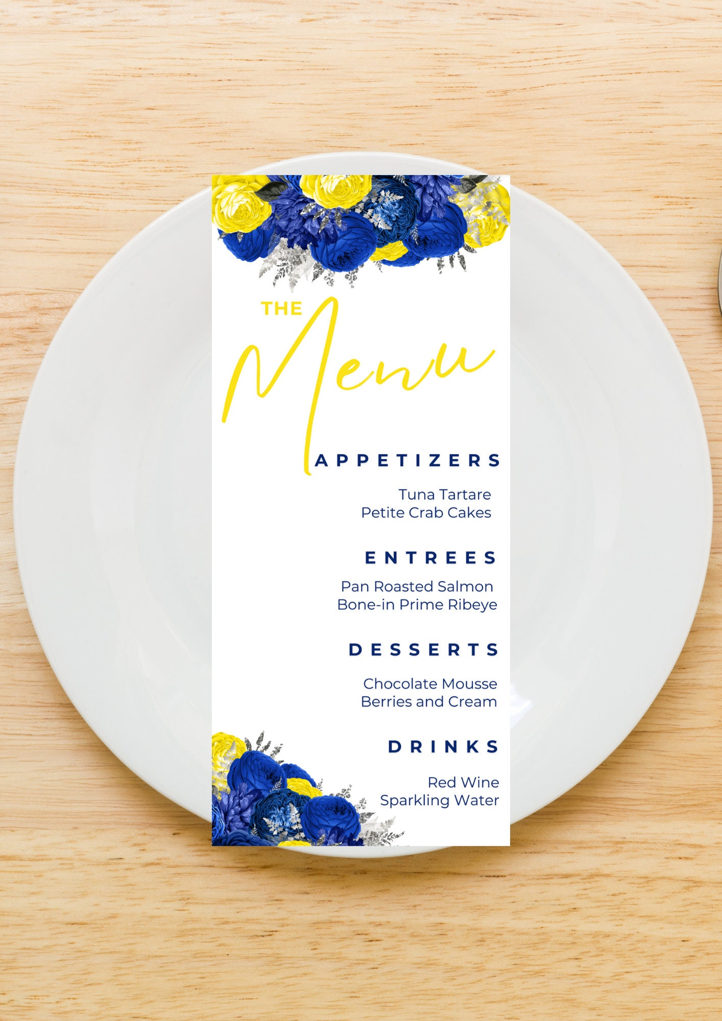 Editable Menu Card Template, Blue Yellow, Silver Menu Cards, Floral ...