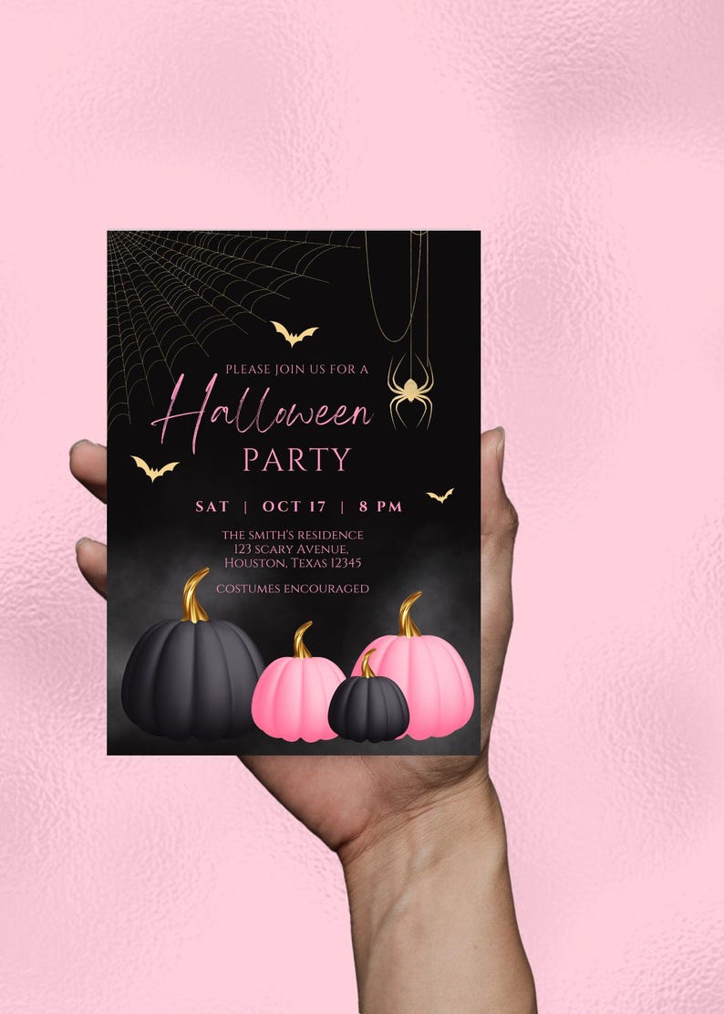 May include: Black and pink Halloween party invitation with a spider web, bats, and pumpkins. The text reads "Please join us for a Halloween Party, Sat | Oct 17 | 8 PM, The Smith's Residence, 123 Scary Avenue, Houston, Texas 12345, Costumes Encouraged."