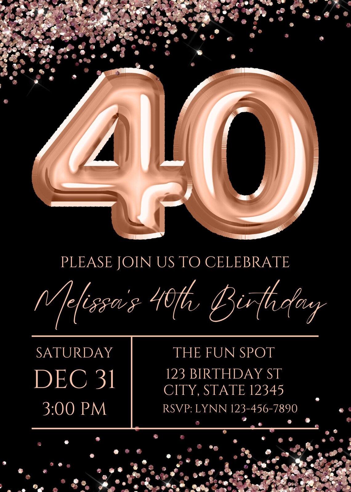 Editable Rose Gold 40th Birthday Invitation, Rose Gold and Black, Glam ...