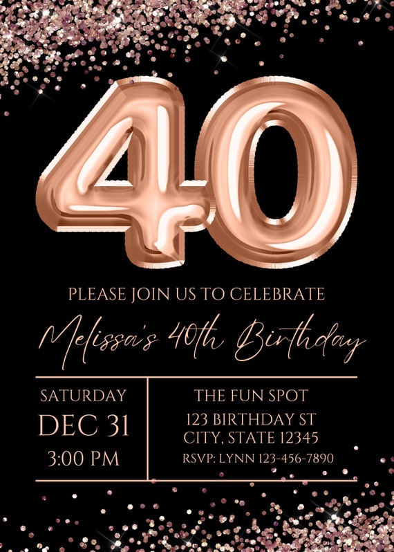 Editable 40th Birthday Invitation Rose Gold and Black Invitation
