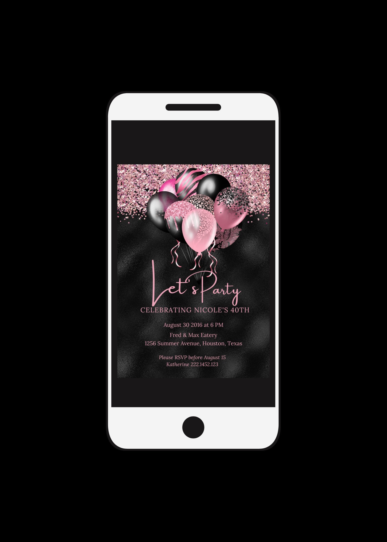 Editable Pink and Black Birthday Invitation, Let's Party Pink Balloons ...