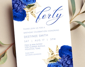 【ニコ】2022 Invitation ノベルティ Editable Royal Blue and Gold Floral Invitation, Royal Blue