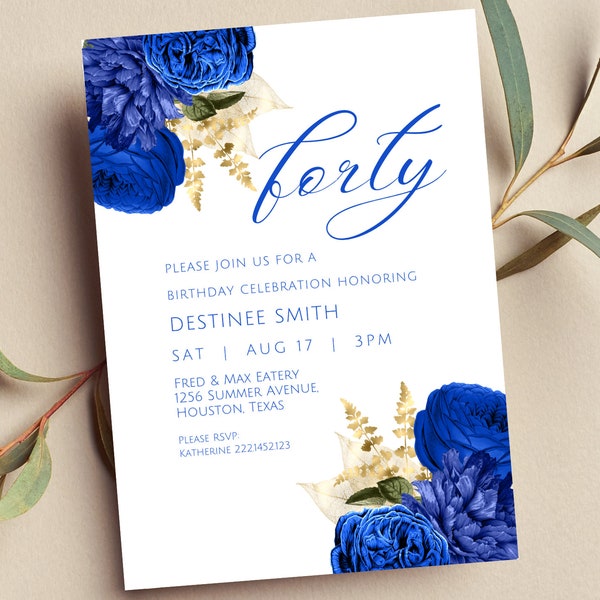 Editable Royal Blue and Gold Floral Invitation, Royal Blue and Gold Flowers, Birthday Invitation, Printable or Text Invite