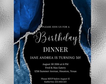 Editable Blue and Silver Invitation, Agate Birthday Dinner