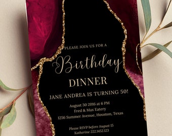 Editable Burgundy and Gold Invitation, Agate Birthday Dinner Invitation, Printable