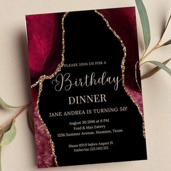 Editable Burgundy and Gold Invitation, Agate Birthday Dinner Invitation, Printable