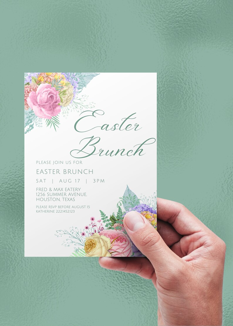 May include: An Easter Brunch invitation with floral accents. The card features the words "Easter Brunch" in elegant script, along with event details. The design includes pink, yellow, and purple flowers. The invitation is held against a light green background.