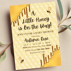 Editable A Little Honey is on the Way Baby Shower Invitation, Dripping Honey, Gold Honeycomb, Printable or Digital