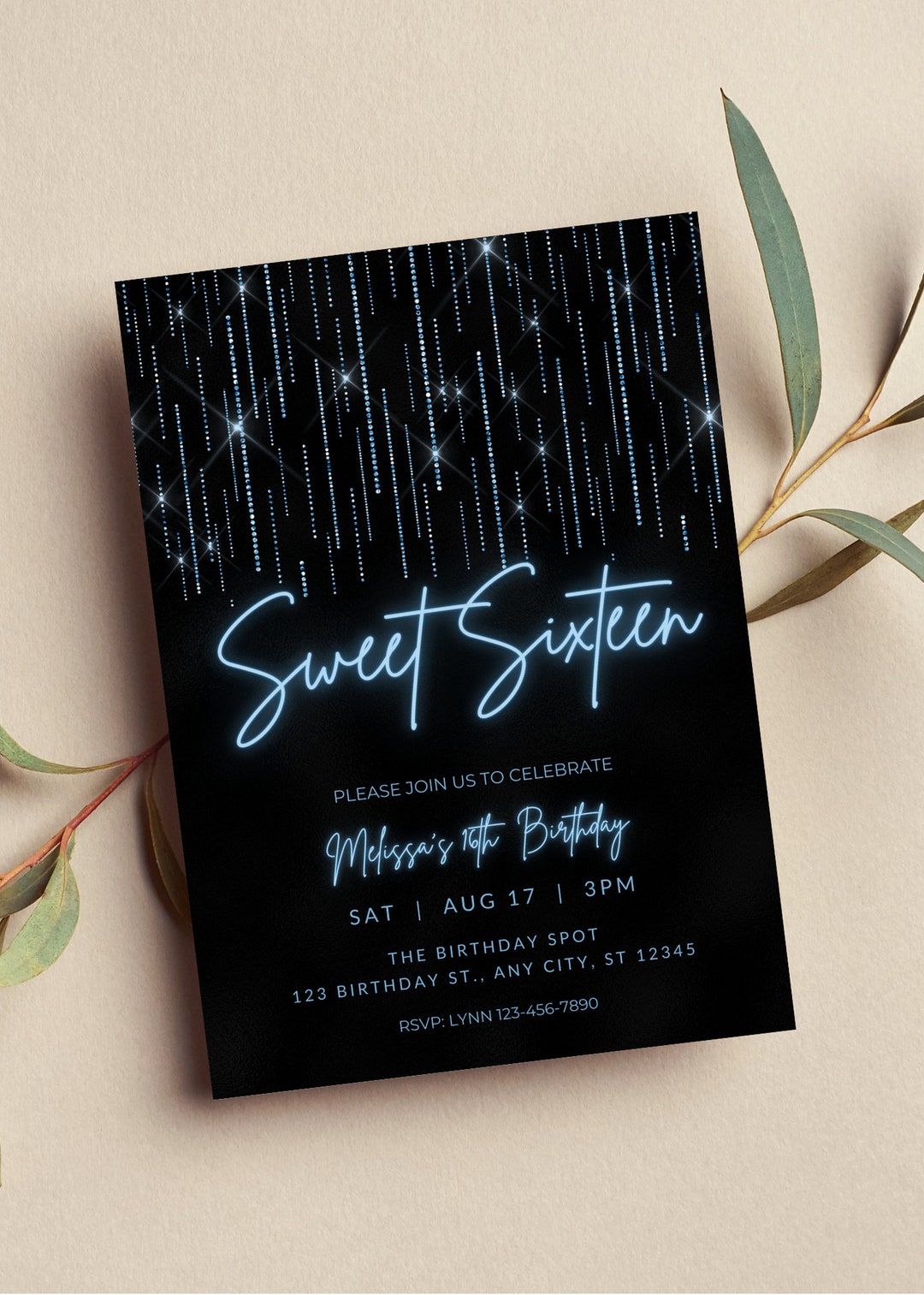 Editable sweet 16 birthday invitation blue and black invitation neon