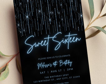 May include: Black Sweet Sixteen invitation with a neon blue script font. The invitation includes the text "Sweet Sixteen", event details, and RSVP information. The top of the invitation has a design of sparkling blue lines.